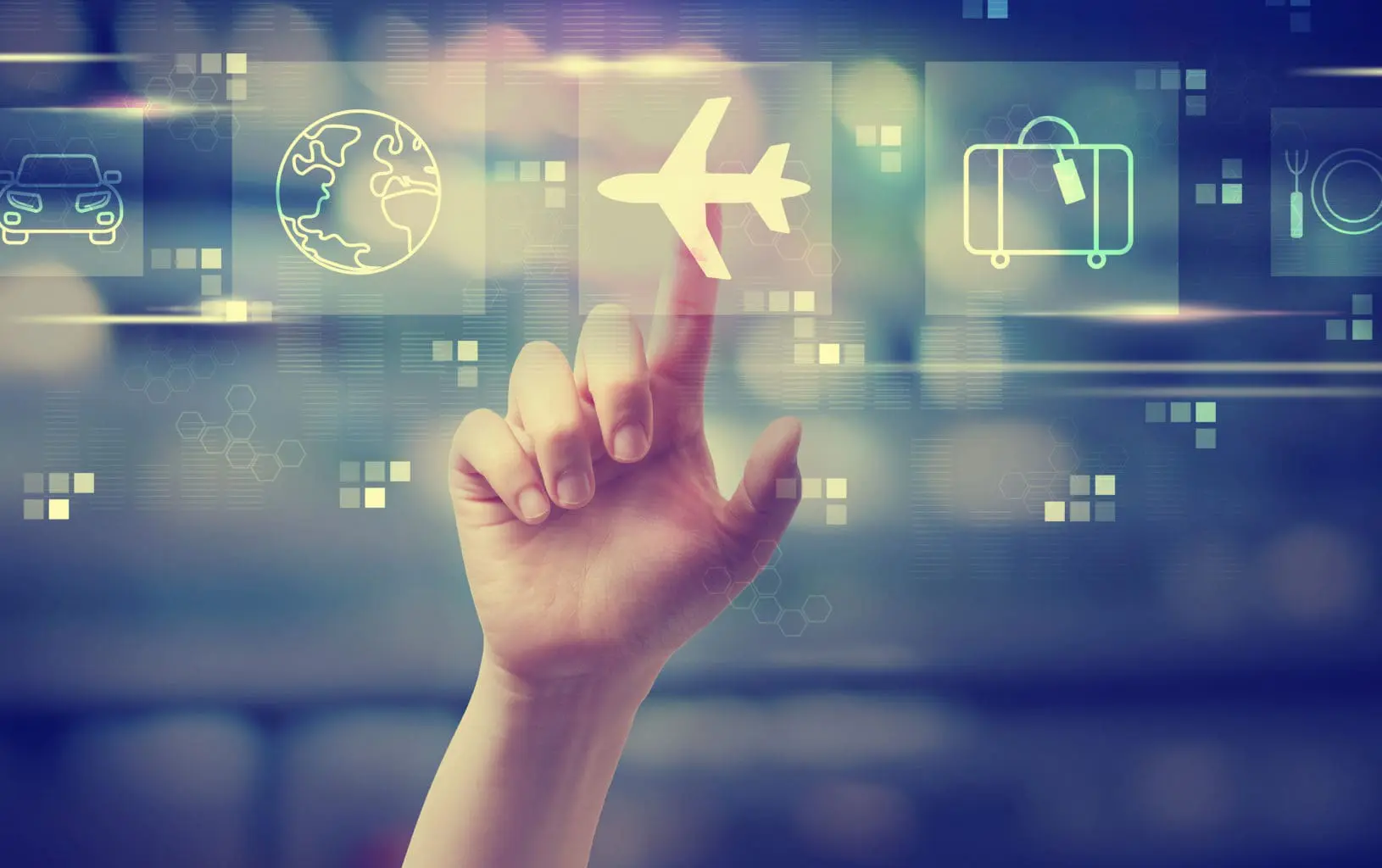 Airplane Travel Theme With Hand Pressing A Button At Night
